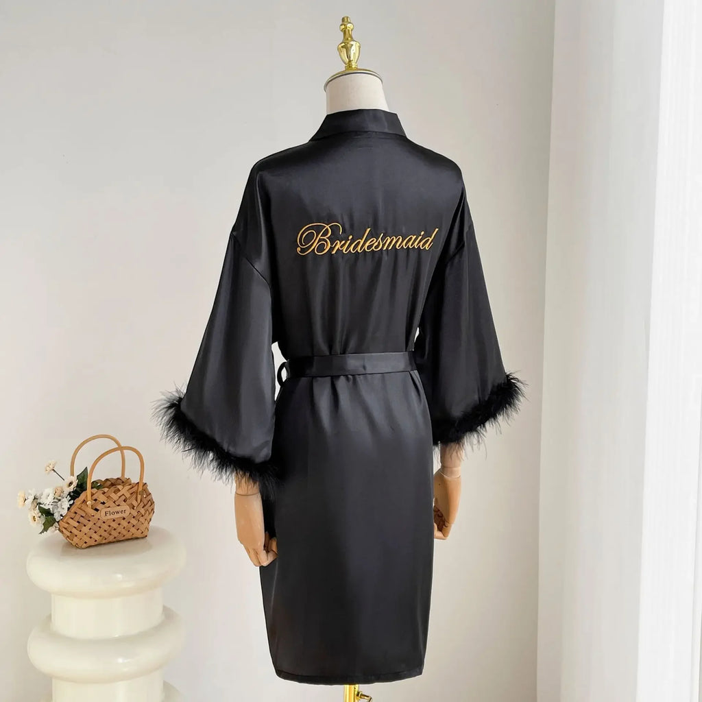 Wedding Bride Bridesmaid Robe Satin Kimono Intimate Lingerie Lady Sexy Feather Sleeve Bathrobe Nightgown Short Sleepwear Onesize