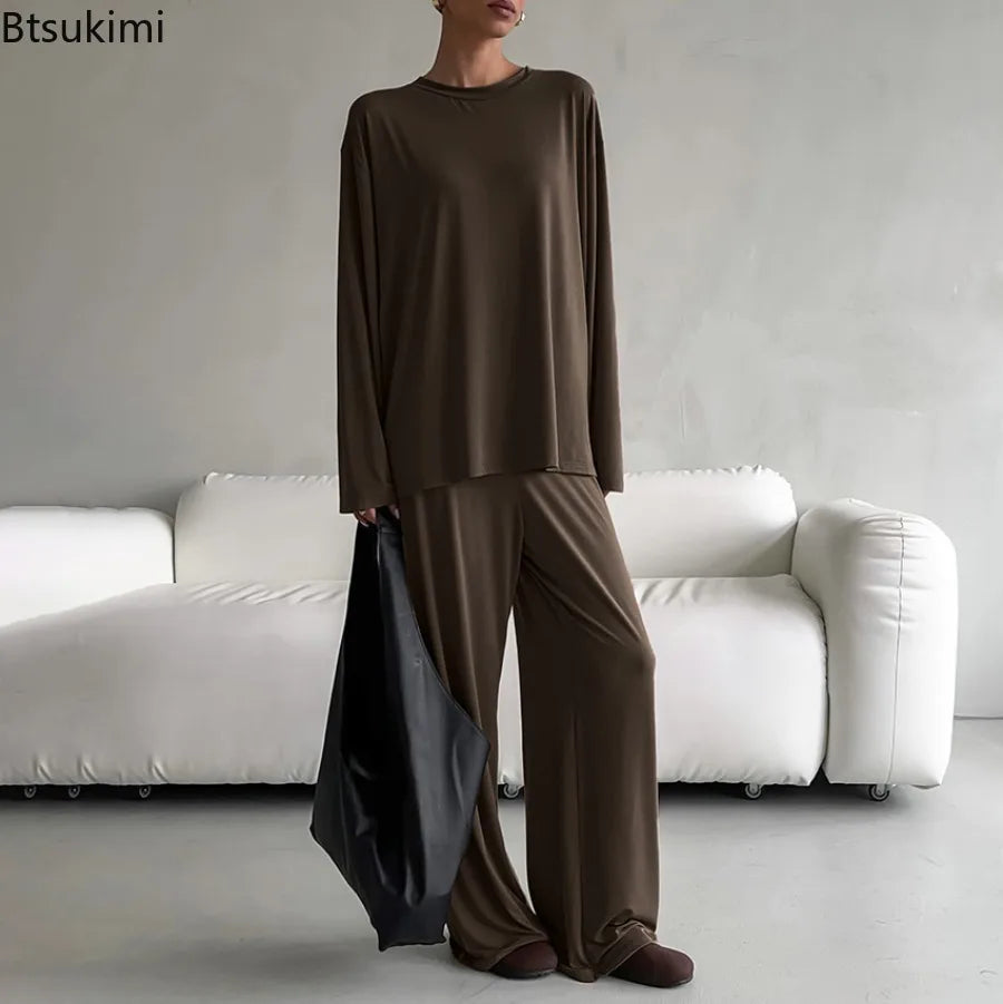 New 2026 Brown Loose Female Sleepwear Suit O-Neck Nightgowns Long Sleeve Nightwear Wide Leg Pants Women's Pajamas 2 Piece Set