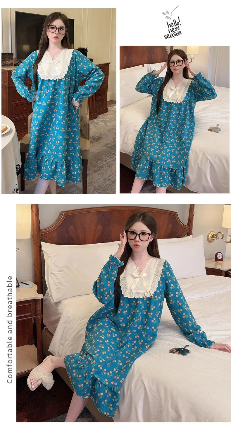 2026 Comfy Long Sleeve Home Dress, Women's Floral Print Loungewear for Spring Autumn, Oversize Sweet Korean Style