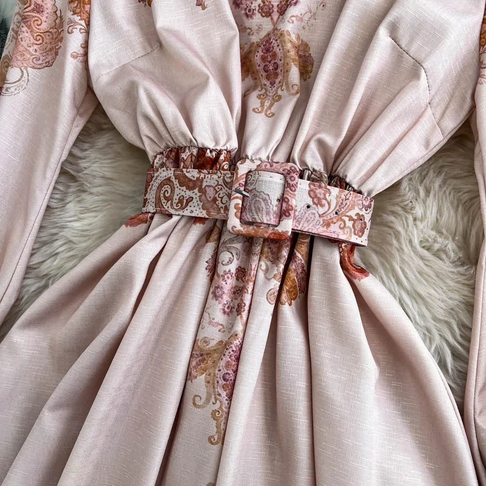 Spring Autumn Retro Palace Style Dress New French Printed Lantern Sleeve Stand Collar A-line Long Dress Femade C110