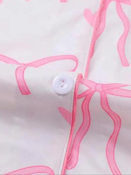 Women's Bow Print Pajama Set, Casual Shirt Collar Soft Top & Elastic Shorts, Comfortable Home Wear for All Seasons