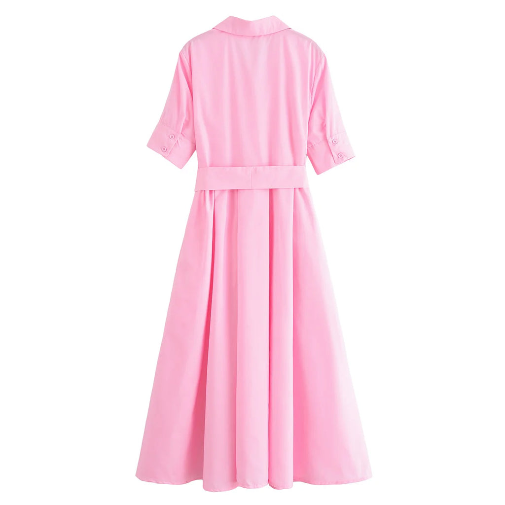 HH Women Summer Lapel Short Sleeve Pocket Single-Breasted Belt Decorate Midi Dress Female Fashion Shirt Style Pleated Dress