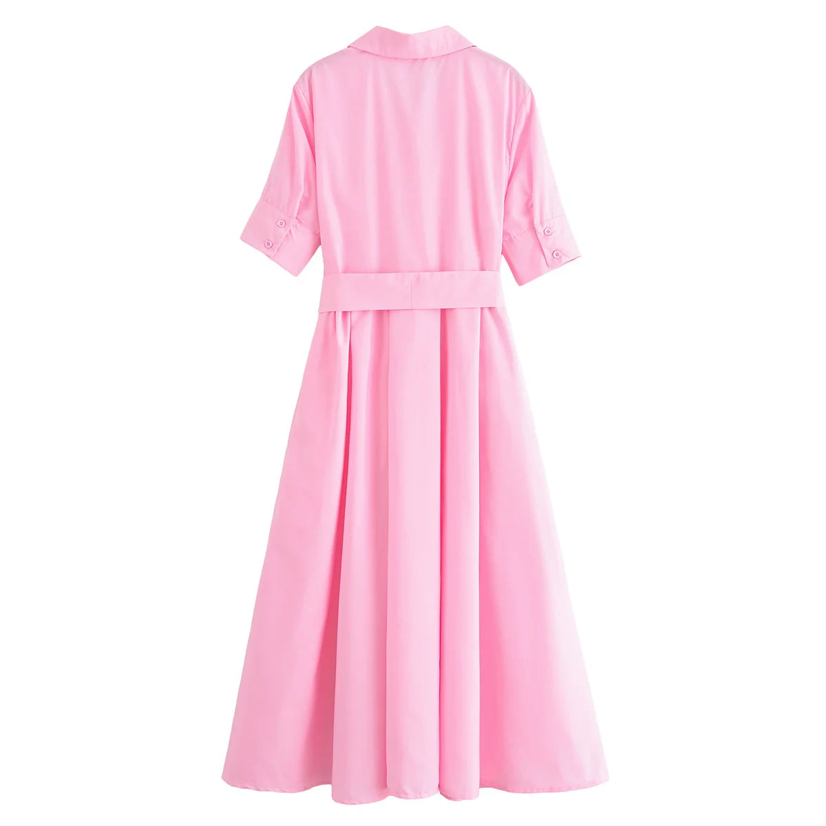 HH Women Summer Lapel Short Sleeve Pocket Single-Breasted Belt Decorate Midi Dress Female Fashion Shirt Style Pleated Dress