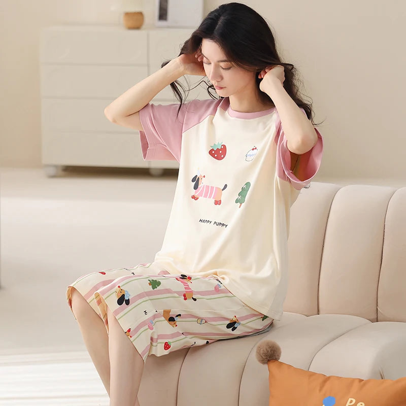 MiiOW 2Pcs Summer Women's Pajamas Set Cotton Short Sleeve Woman Homewear Cute Pink Patchwork Print Girls Pajamas Woman Sleepwear