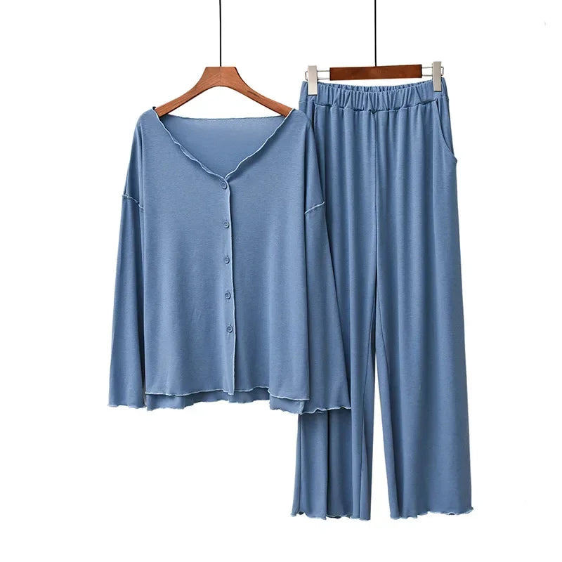 Japanese new style cotton pajamas suit ladies spring and autumn cardigan solid color long-sleeved trousers home service suit
