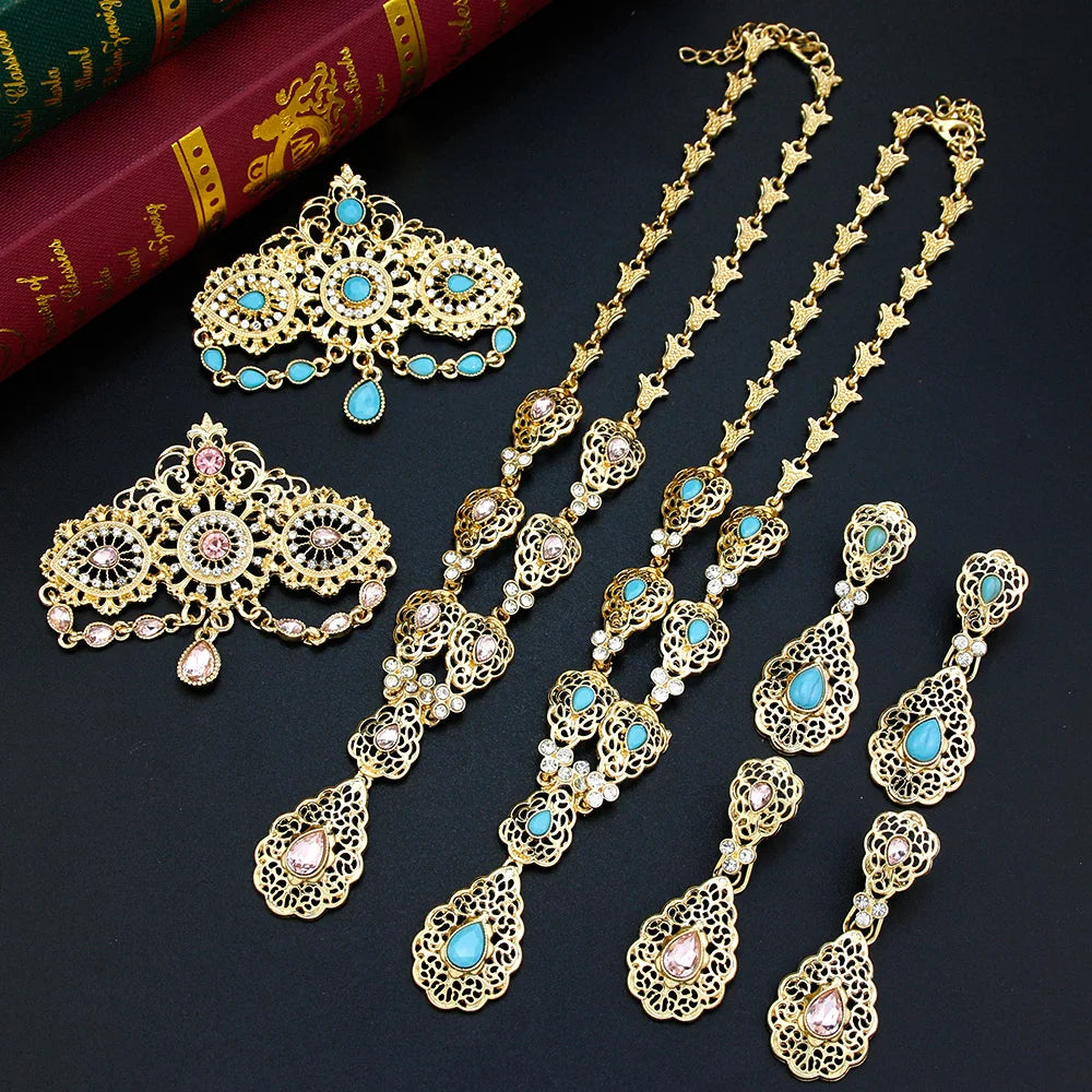 Sunspicems Elegent Morocco Bride Jewelry Sets Women Drop Earring Caftan Brooch Pins Choker Necklace Set Arabic Wedding Bijoux
