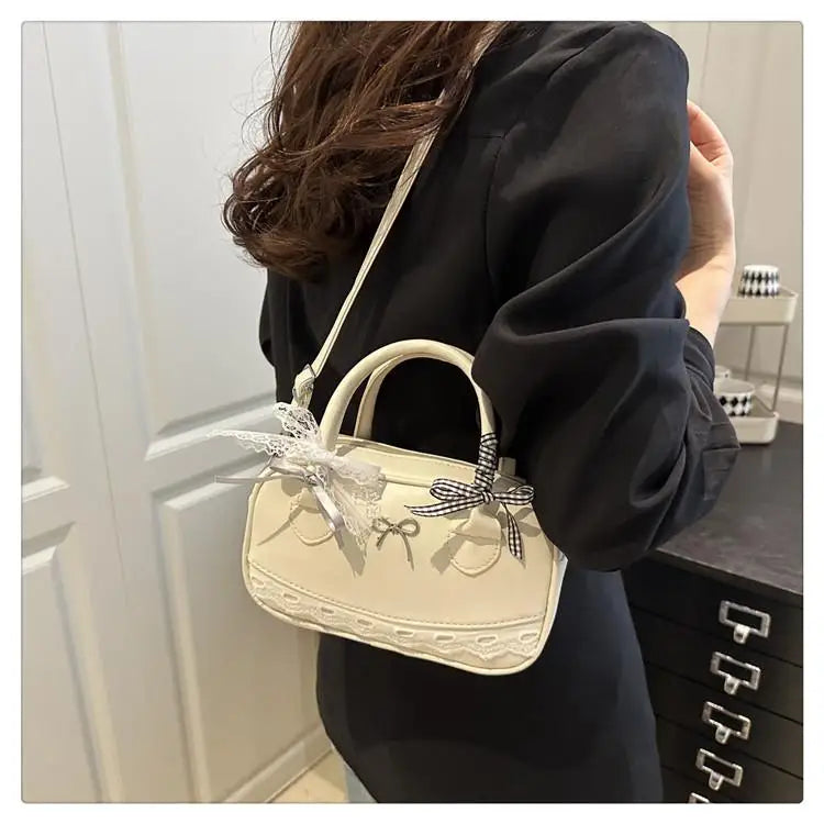 Simple Elegant Handbag Boston Shoulder bag Lace Ribbon Bow Decor Crossbody Bag Small Square Bag Casual Women Bags ﻿