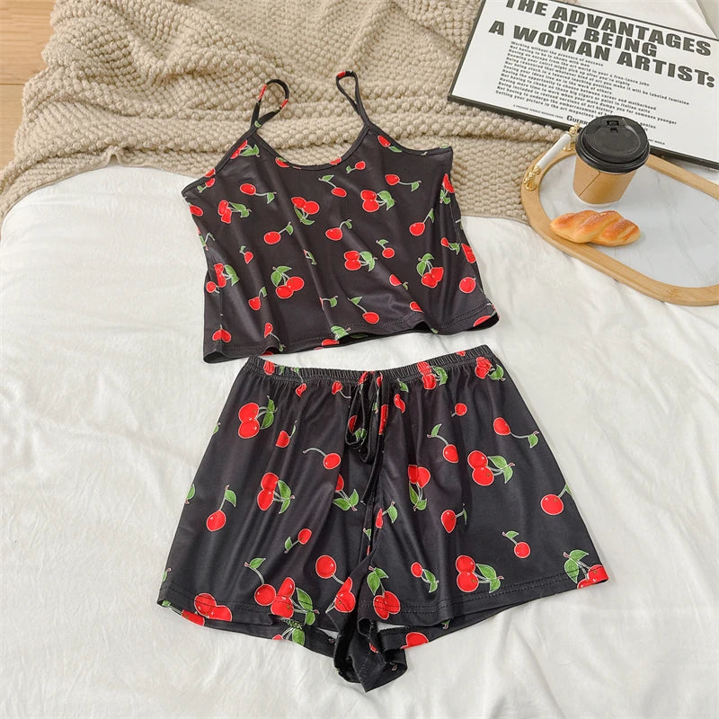 Summer Elegant Floral Print Sleepwear Women Sexy Ultra-Thin Vest and Shorts Comfortable Loungewear Breathable Nightwear HomeWear