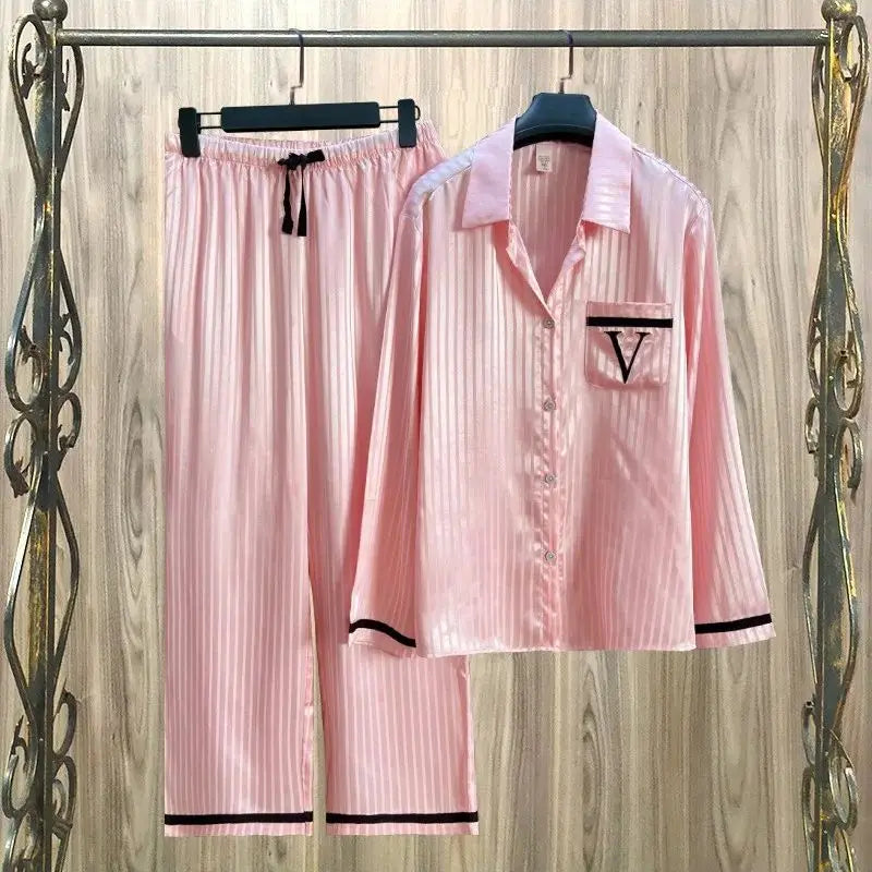 Women Striped Satin Pajama Set Autumn Cardigan Long Sleeve Pants Loose Casual Wear Fashion Classic Pink sleepcoat Two Piece Set