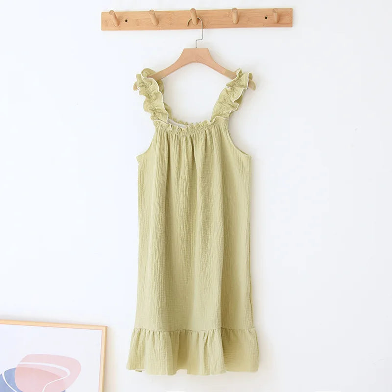 2026 new women's summer cotton yarn, pure cotton suspender sleepwear loose medium to long sweet and cute long skirt home wear