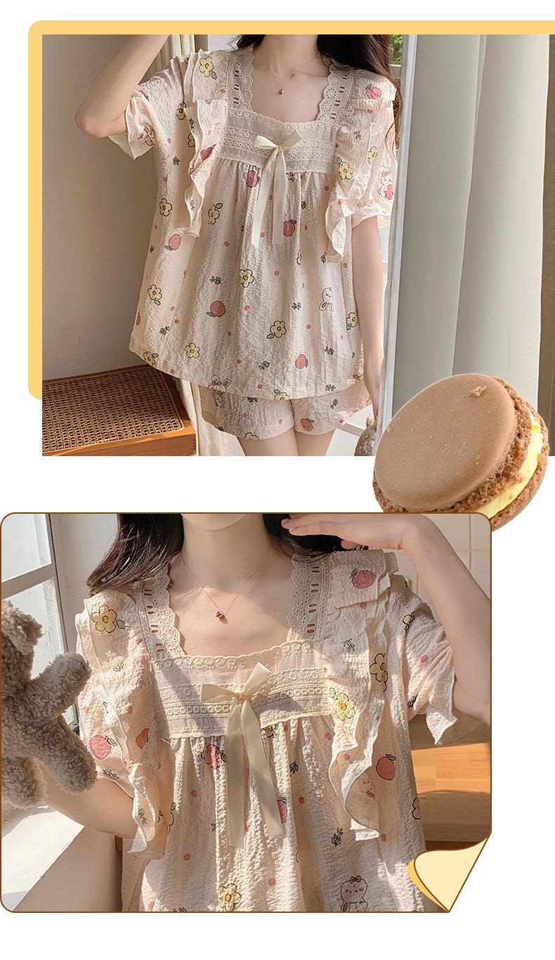 Women's Summer Floral Animal Print Short Sleeve Pajama Set  Cute Cartoon 2-Piece Pajamas Square Collar Kawaii Nightwear