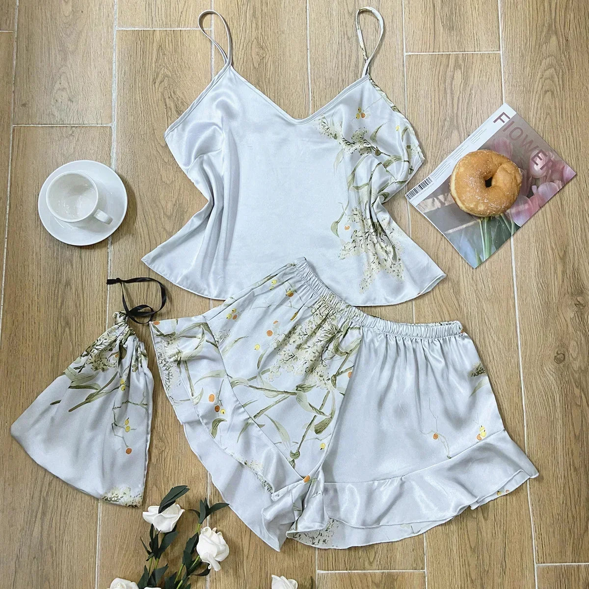 Summer Fashion Pajamas Women Sleepwear 3 Pcs Silk Floral Print Suspenders Tops and Shorts with Hanging Bag Home Wear
