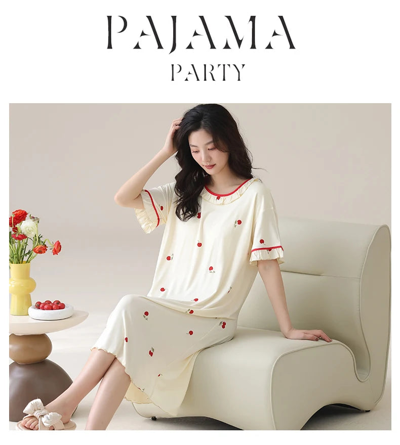 Women Modal Nightdress Small Flower Sleep Dress Short Sleeve Sleepshirt Ruffles Nightshirt Nightgown Sleepwear 4XL5XL Home Dress