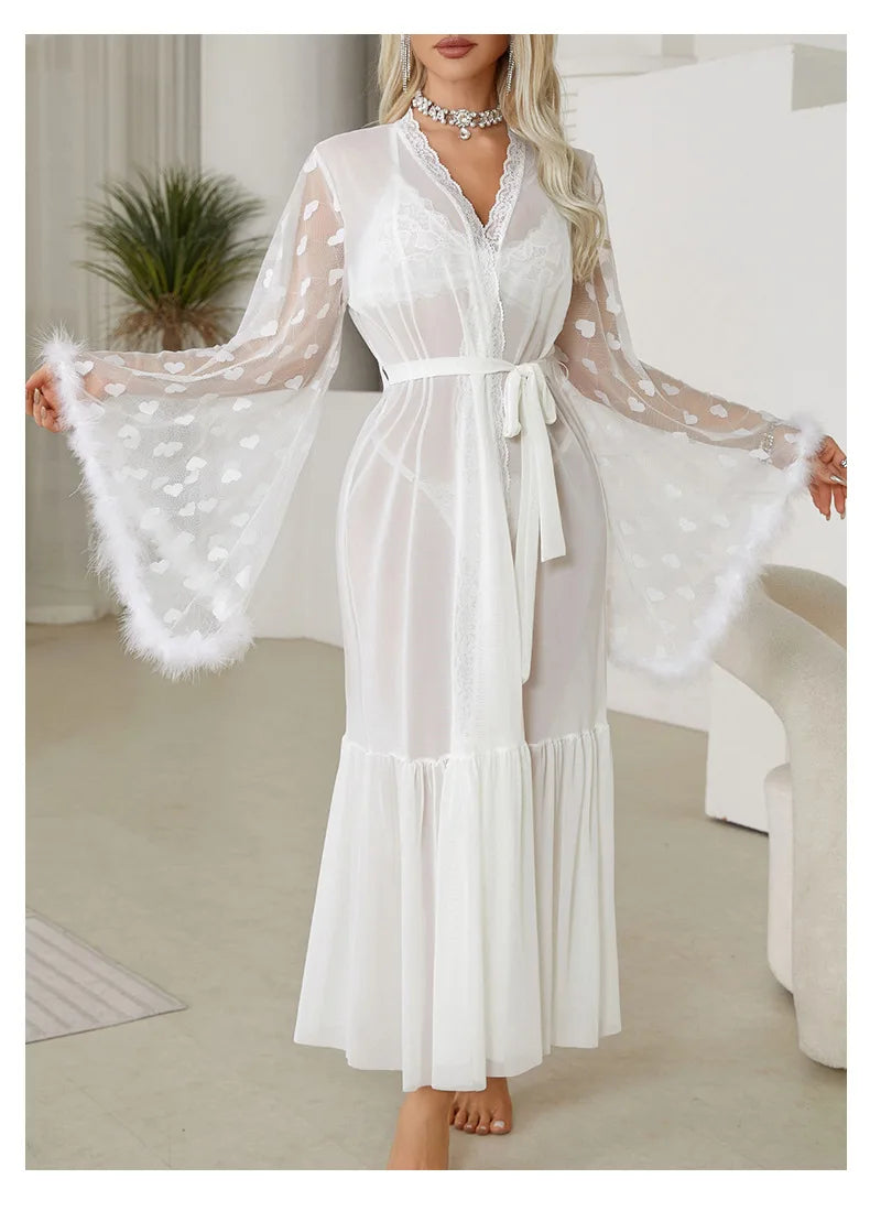 Sexy Bride Wedding Dress Soft Mesh Lace Flower Robe Long Kimono Nightwear Loose Bathrobe Feather Trim Big Sleeve Nightgown