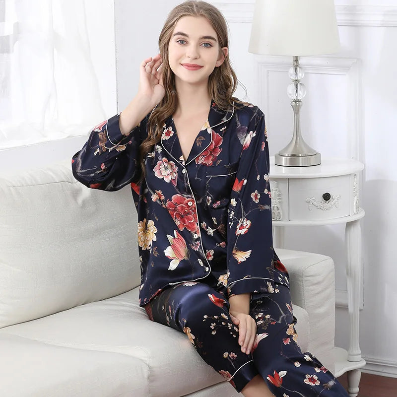 Birdtree Fall 16MM 100%Real Silk Pajama Set Women Satin Print Pyjama Pj Suit Long Sleeve Bedroom Sleepwear Set P36637QC