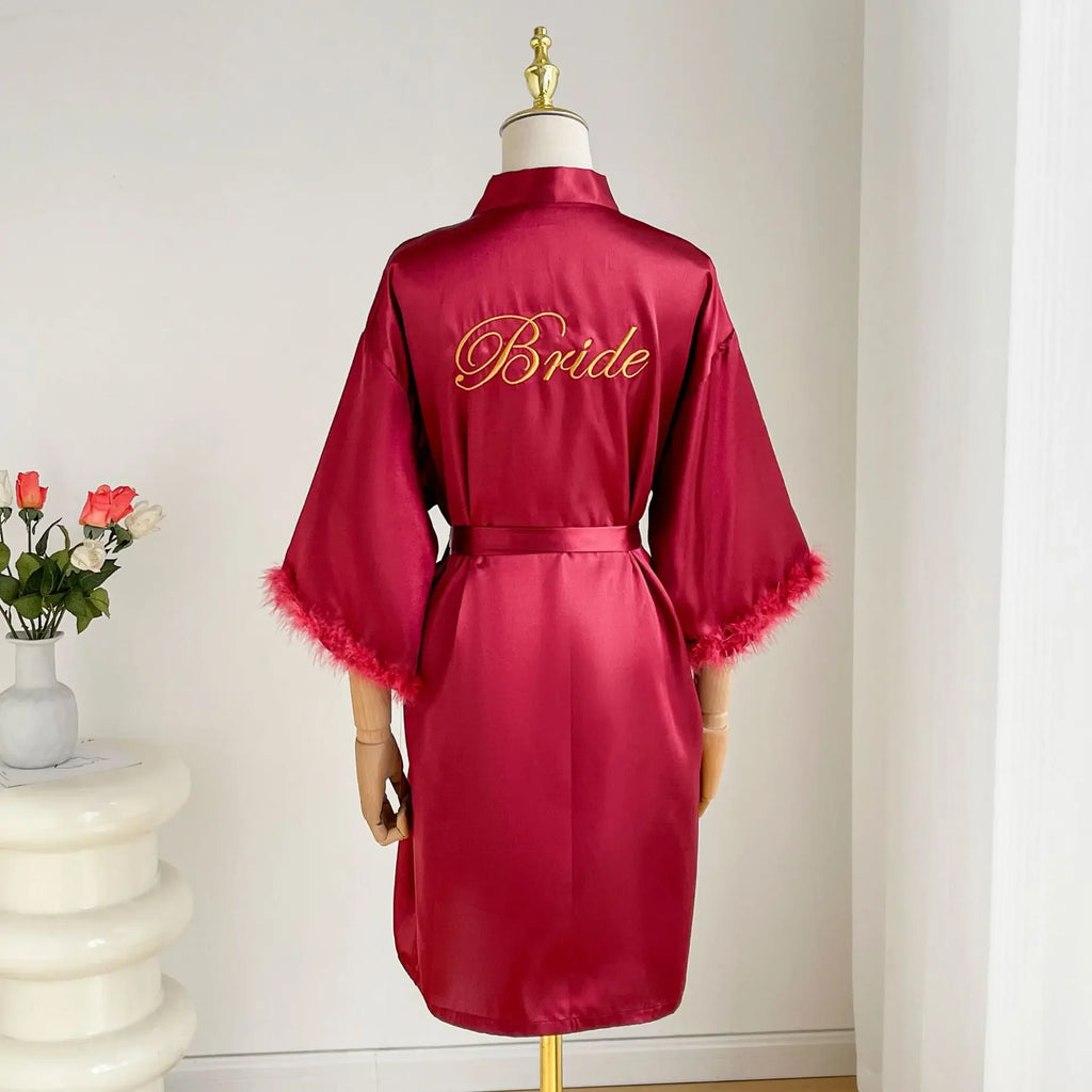 Wedding Bride Bridesmaid Robe Satin Kimono Intimate Lingerie Lady Sexy Feather Sleeve Bathrobe Nightgown Short Sleepwear Onesize