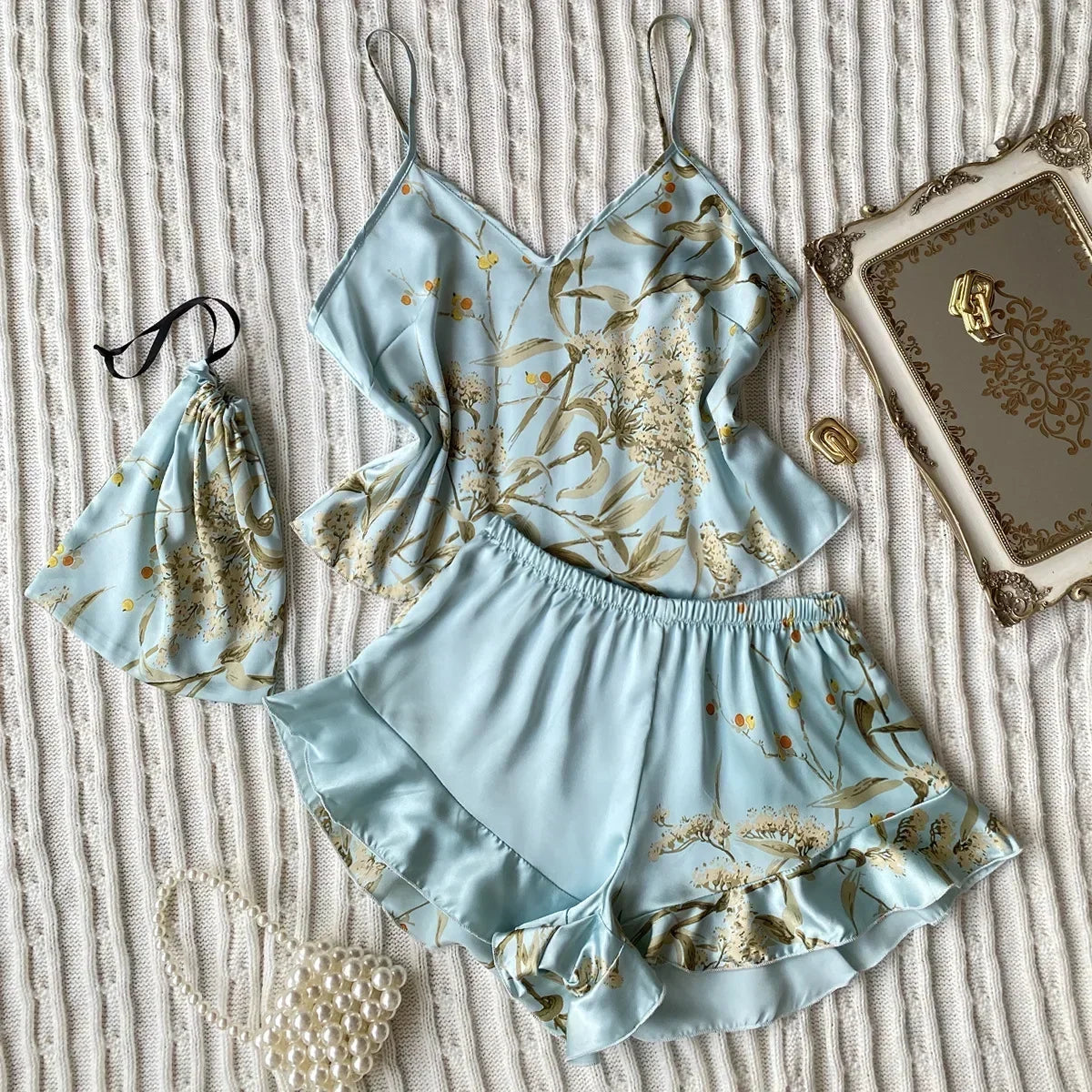 Summer Fashion Pajamas Women Sleepwear 3 Pcs Silk Floral Print Suspenders Tops and Shorts with Hanging Bag Home Wear