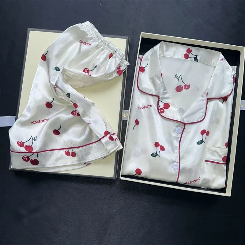 Sexy Women Satin Nightwear Plus Size Short Sleeve Cherry Print Sweet Rayon Sleepwear Top and Pants Shorts Girl Student Pajamas