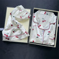 Sexy Women Satin Nightwear Plus Size Short Sleeve Cherry Print Sweet Rayon Sleepwear Top and Pants Shorts Girl Student Pajamas