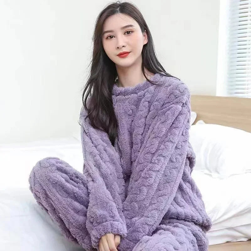 Ensemble pyjama épais et chaud en molleton de corail pour femme, vêtements de maison imprimés de dessins animés, vêtements de nu