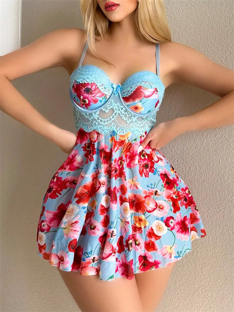 Women Sexy Nightgown Floral Print Pajamas Dress Lace Splicing Nightwear Sleeveless Night Dress Home Wear Baby Doll Sexy Lingerie