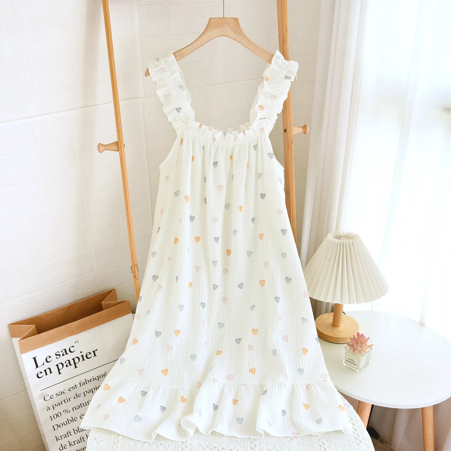 2026 new women's summer cotton yarn, pure cotton suspender sleepwear loose medium to long sweet and cute long skirt home wear