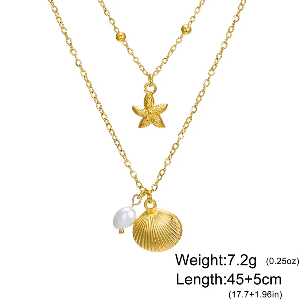 Beach Shell Starfish Pearl Necklace for Woman Girls Summer Vacation Gold Color 2 Layers Stainless Steel Pendant Chain Jewelry