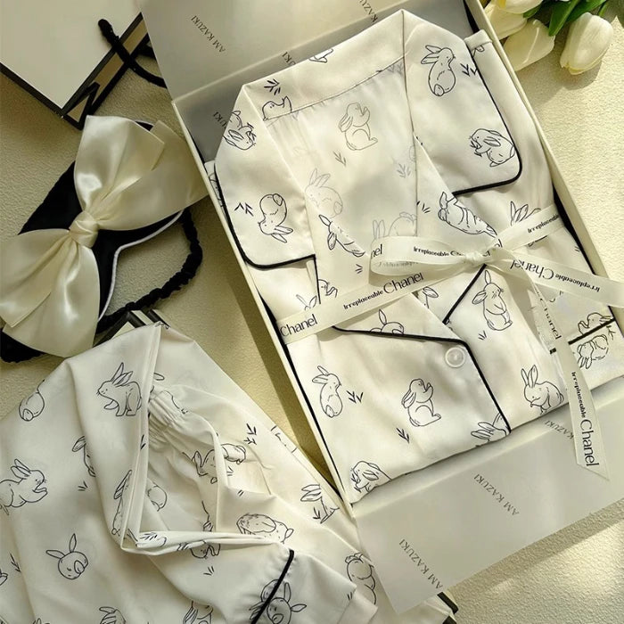 2024 New Ice Silk 2 Pieces Pajamas for Women Autumn Spring Women's Pajamas Set Elegant Ptinting Flower Home Wear Soft Sleepwear