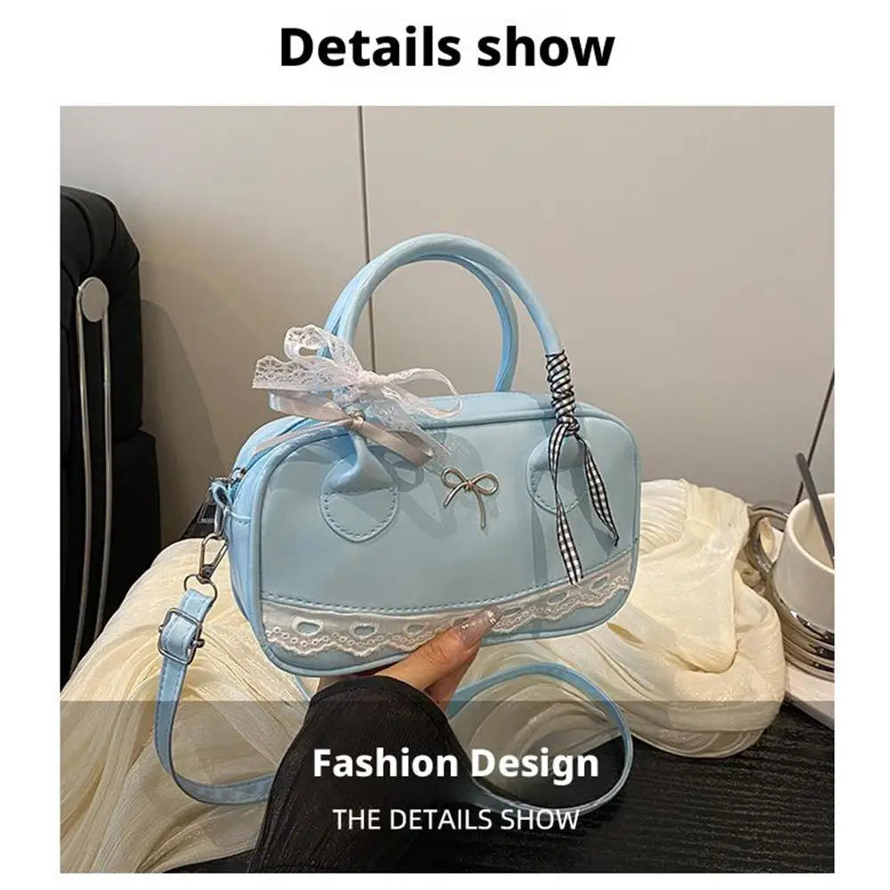 Simple Elegant Handbag Boston Shoulder bag Lace Ribbon Bow Decor Crossbody Bag Small Square Bag Casual Women Bags ﻿