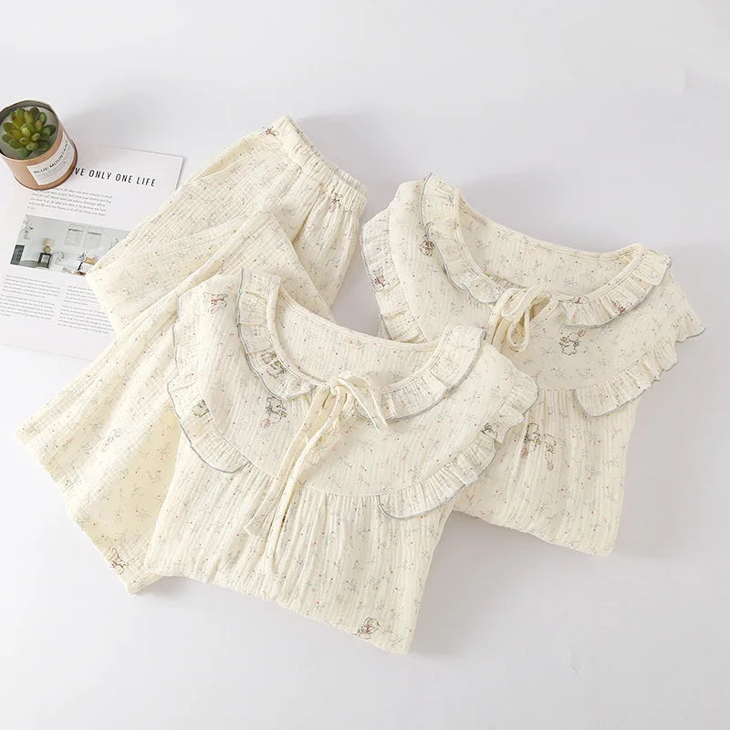 National Style Bamboo Fiber Flower Spring and Summer Women's Long Sleeved Pants Loose Pajamas Set