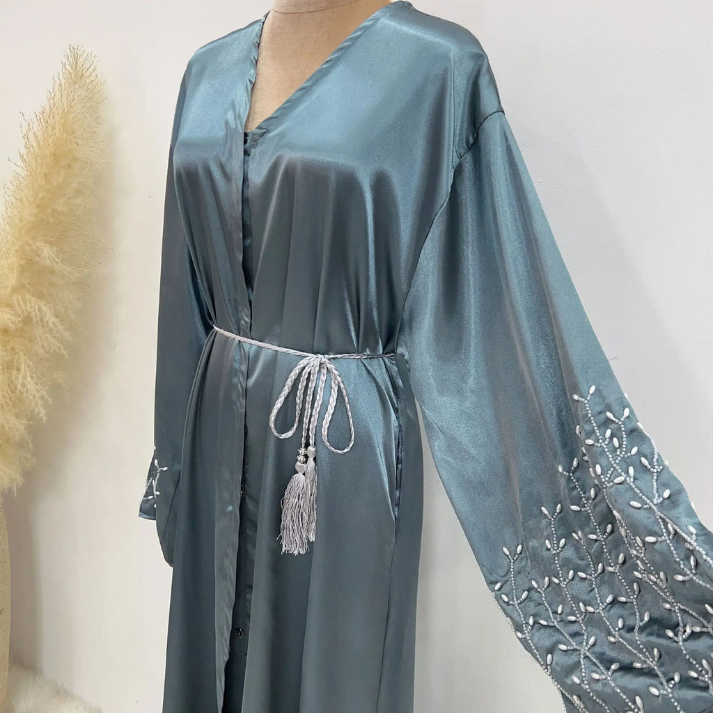 Kimono Abaya Dubai Party Kaftan Solid Beaded Muslim Fashion Hijab Dress Summer Open Abayas for Women Turkey Islam Modest Outfit