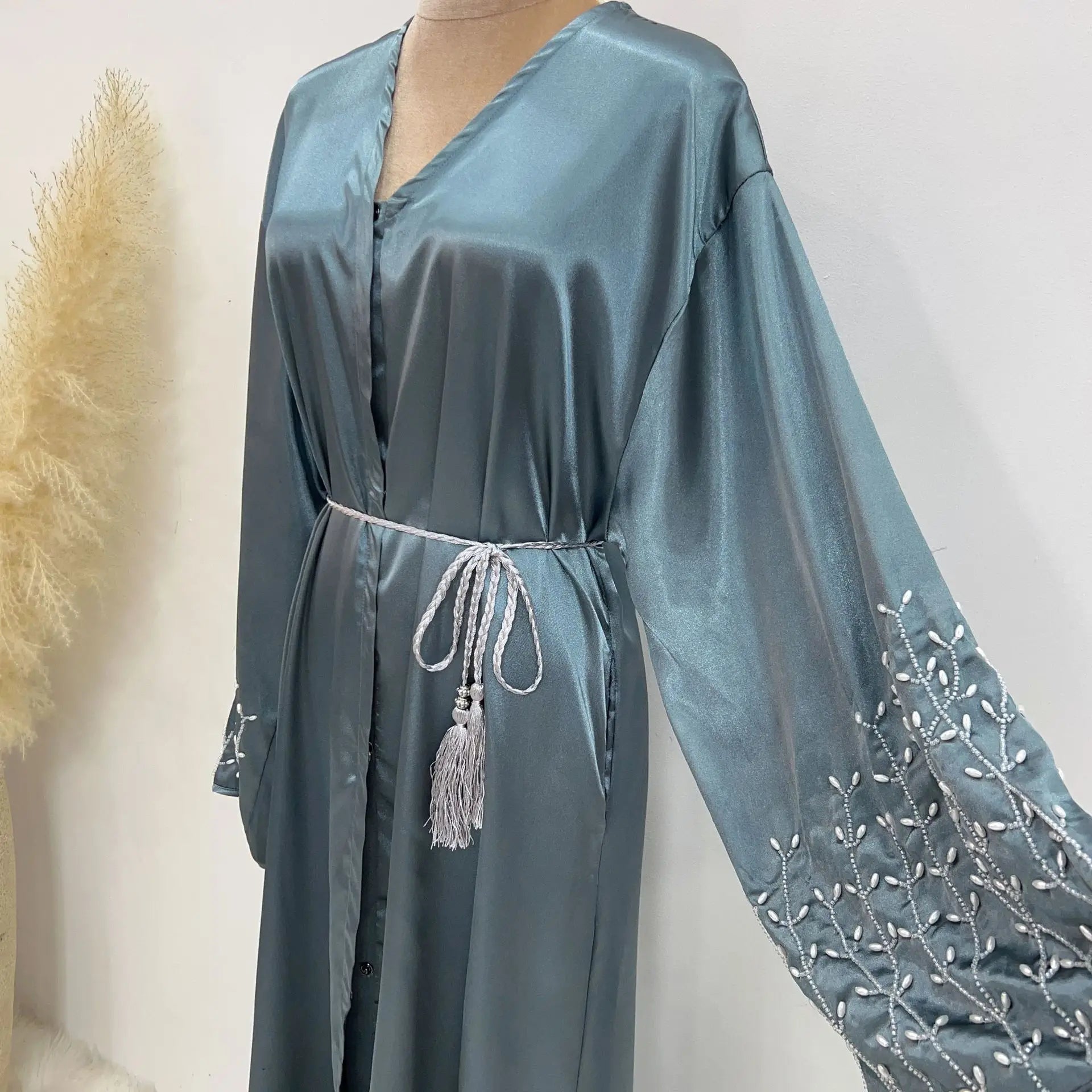 Kimono Abaya Dubai Party Kaftan Solid Beaded Muslim Fashion Hijab Dress Summer Open Abayas for Women Turkey Islam Modest Outfit