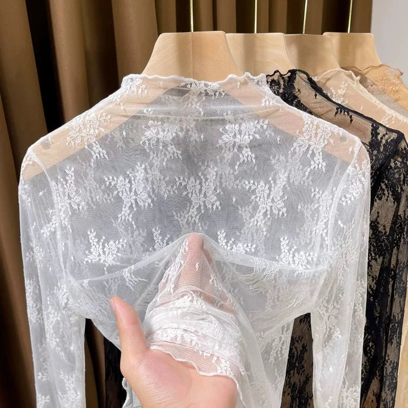 Sexy Floral Lace and Mesh Ruffle Nightgown Woman Sleep Tops Nightie Turtleneck Mesh Layering Top Y2k Floral Tee Shirts Blouse