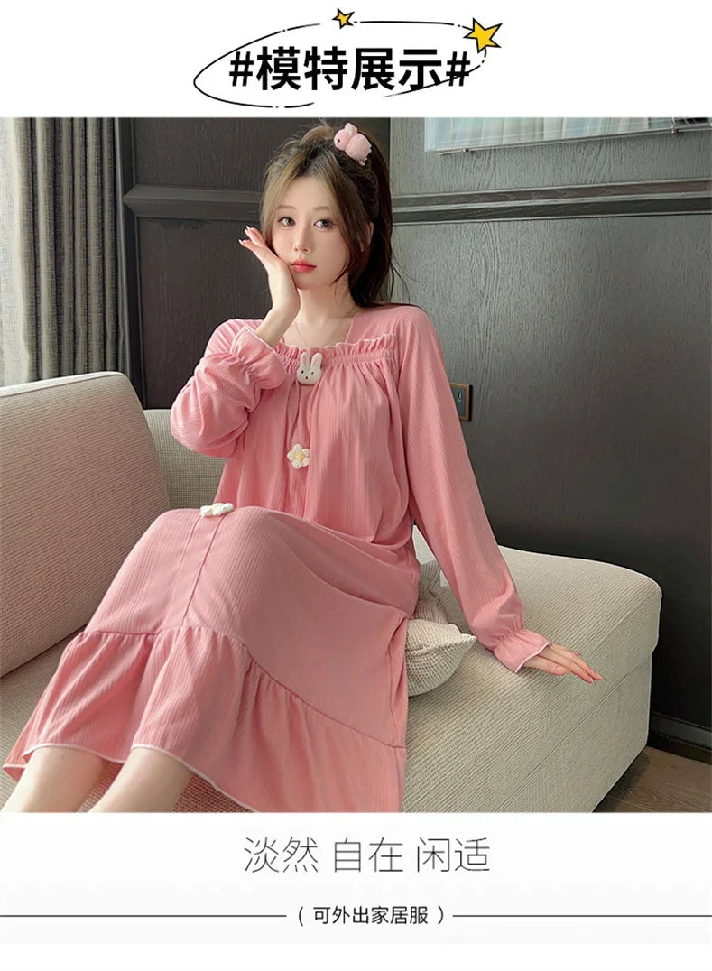 Autumn Winter New Women Cotton Nightdress With Chest Pad Long Dress Sweet Loose Long Sleeve Home Wear