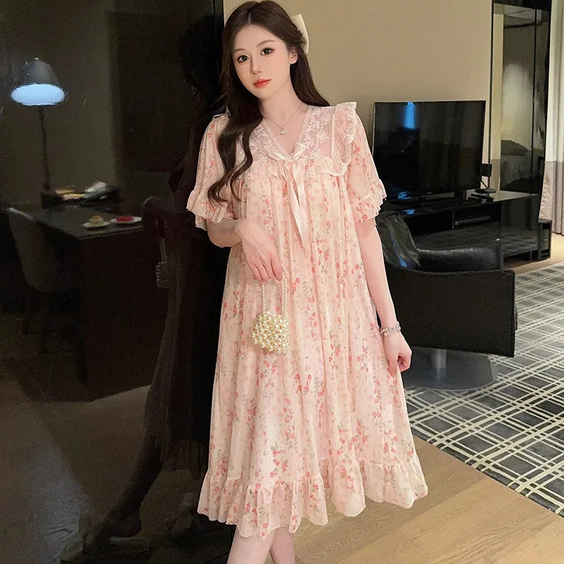 Floral Lace Nightgown with Cheat Pad Korean Women Summer Short Sleeve Pajamas Dress Princess Style Loose Nightdress Loungewear