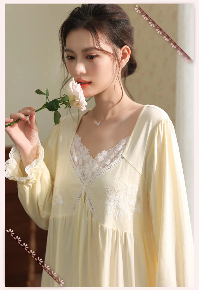 Vintage Victorian Nightgown Women Lace Embroidered Palace Style Princess Sleep Dress Cotton Soft Romantic French Loungewear