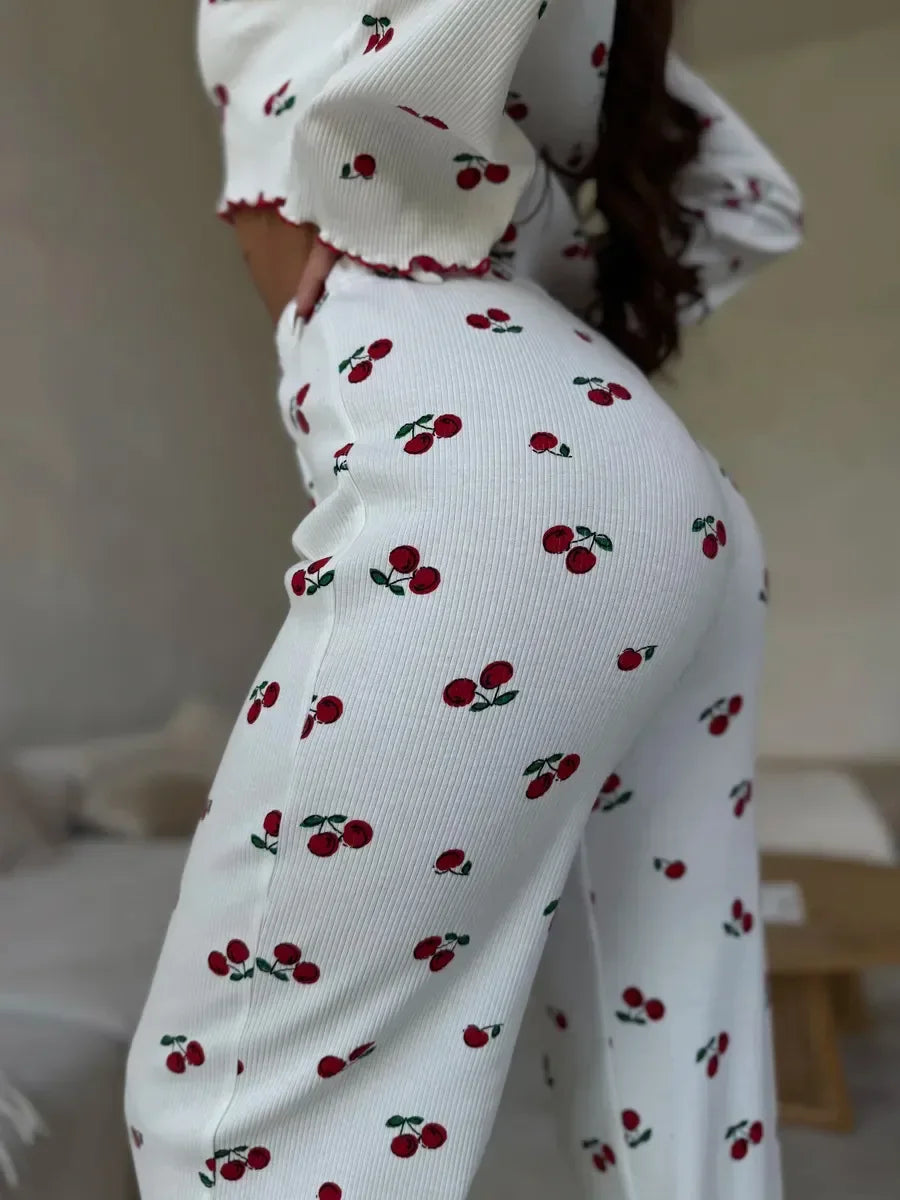 Autumn Winter Pajama Set Women 2pcs Y2K-Style Cherry Print Cuffed-Long-Sleeve Tops and Long Trousers Sleepwear Homewear
