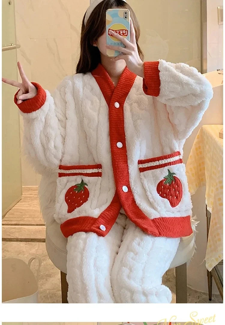 Pyjama épais en flanelle et velours corail fraise, vêtements de maison pour femmes, ensemble de vêtements de nuit à col en v, sa