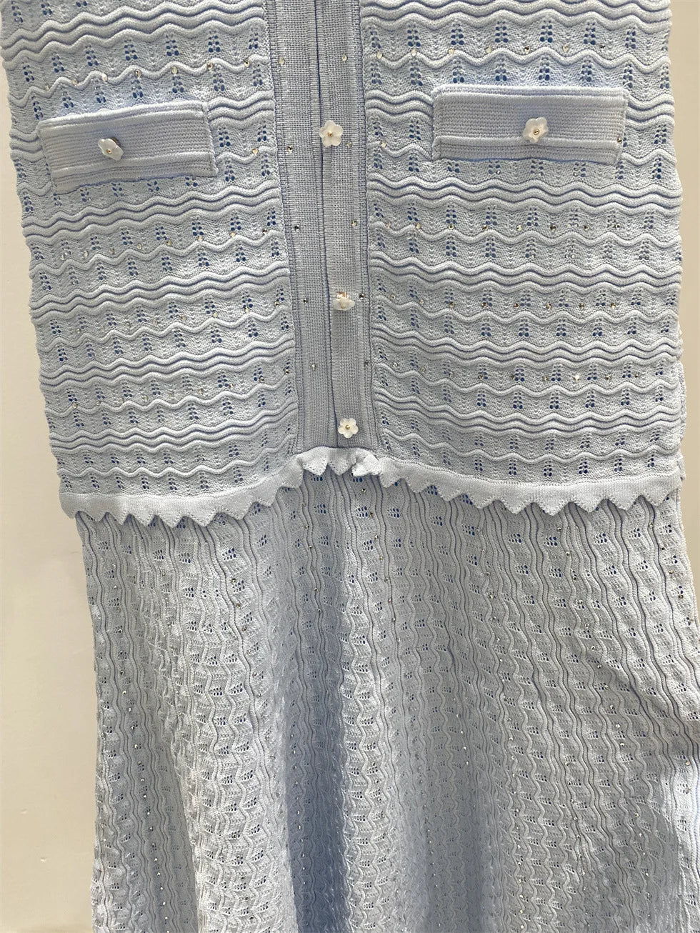 New summer single-breasted round neck knit crochet short-sleeved dress, high-quality and fashionable over-the-knee long skirt