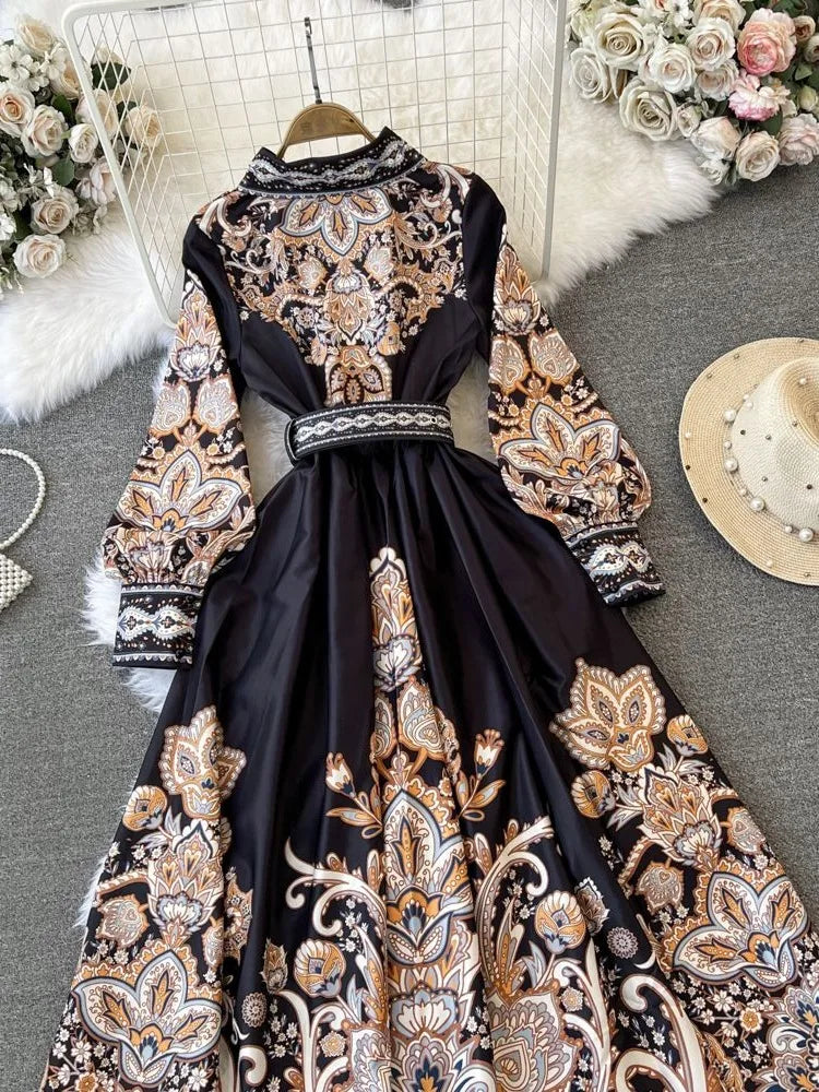 Elegant Vintage Court Style Long Sleeve Collared Slim Fit Print Shirt Dress Knitted Fabric Midi Skirt Length Button Detail