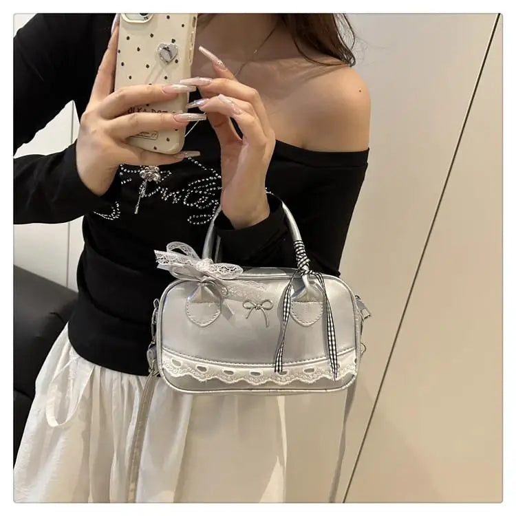 Simple Elegant Handbag Boston Shoulder bag Lace Ribbon Bow Decor Crossbody Bag Small Square Bag Casual Women Bags ﻿