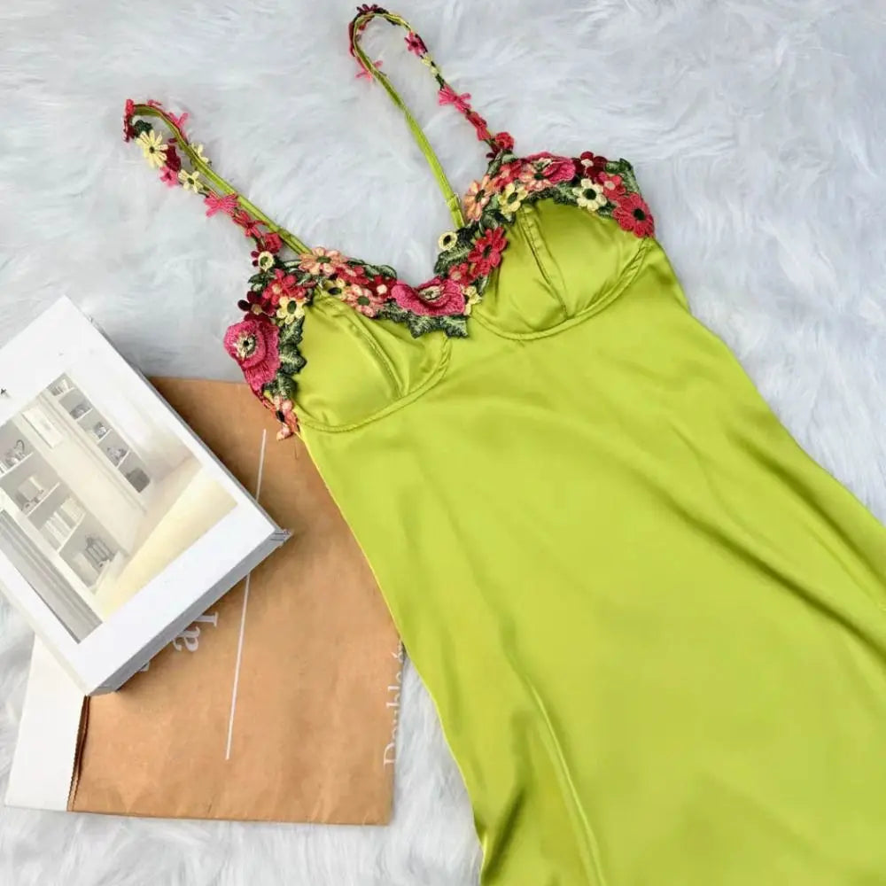 Flower Embroidery Women's Pajama Dress Sleeveless Thin Satin Silk Suspender Nightdress Sleepwear Beauty Back