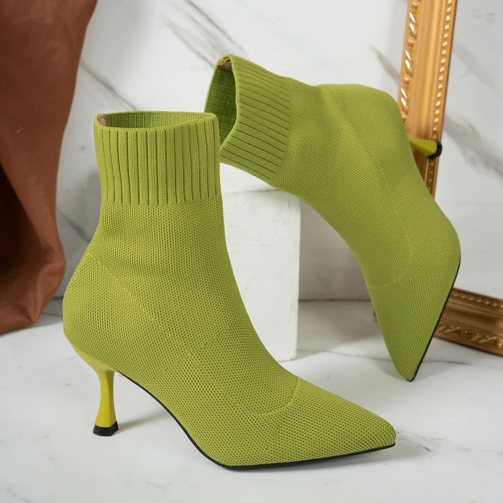 Spring Autumn Women Ankle Boots Slip-On Green Chelsea Boots Women Luxury Stretch Fabric Women Socks Shoes Pointed Toe High Heels