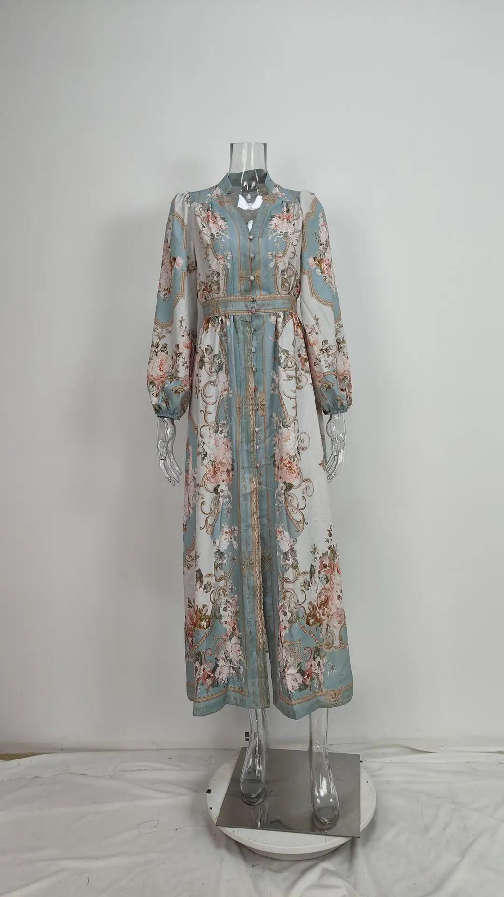 Womens Boho Floral Print Long Sleeve V Neck Button Front Belted Maxi Dress Casual Summer Beach Vacation Long Dress