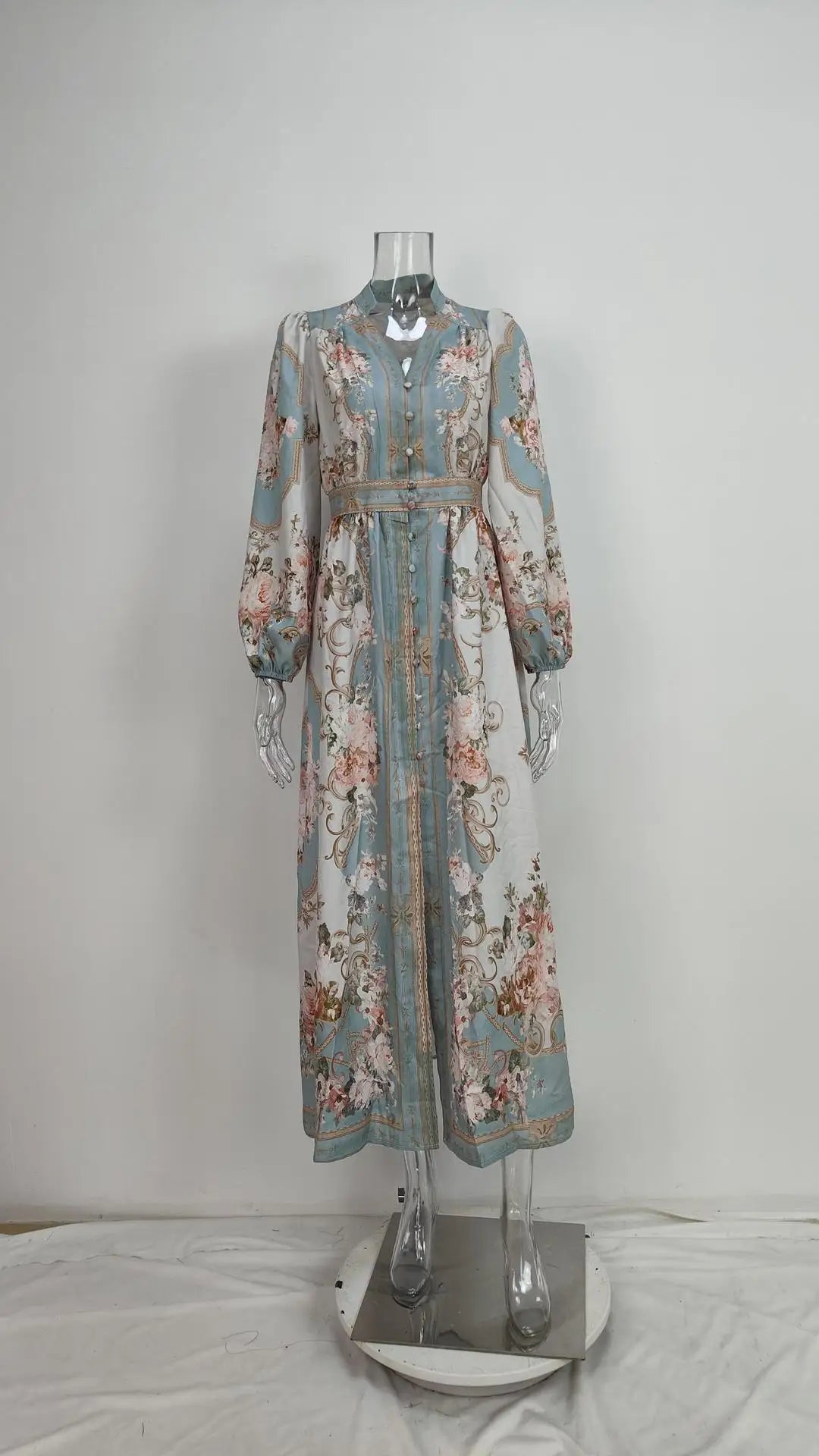 Womens Boho Floral Print Long Sleeve V Neck Button Front Belted Maxi Dress Casual Summer Beach Vacation Long Dress
