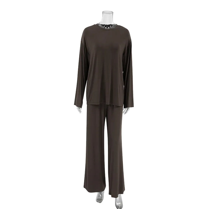 New 2026 Brown Loose Female Sleepwear Suit O-Neck Nightgowns Long Sleeve Nightwear Wide Leg Pants Women's Pajamas 2 Piece Set