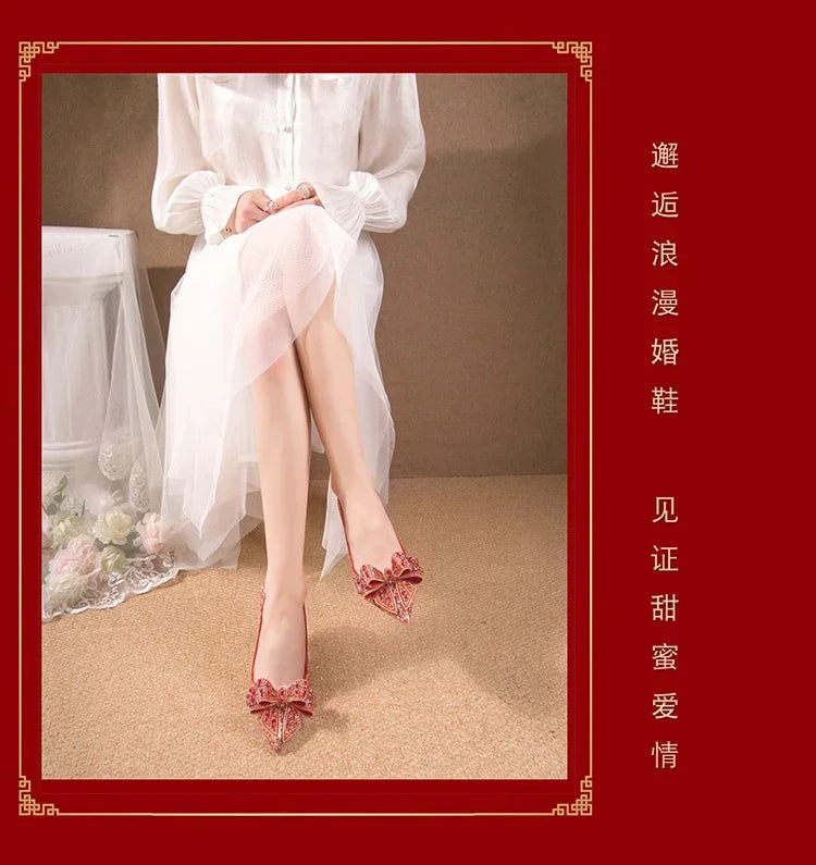 New  Women's Rhinestone Wedding Shoes Year Shoes Luxury Buckle Decorative Banquet Women's Shoes High Heels Gold Silver Red