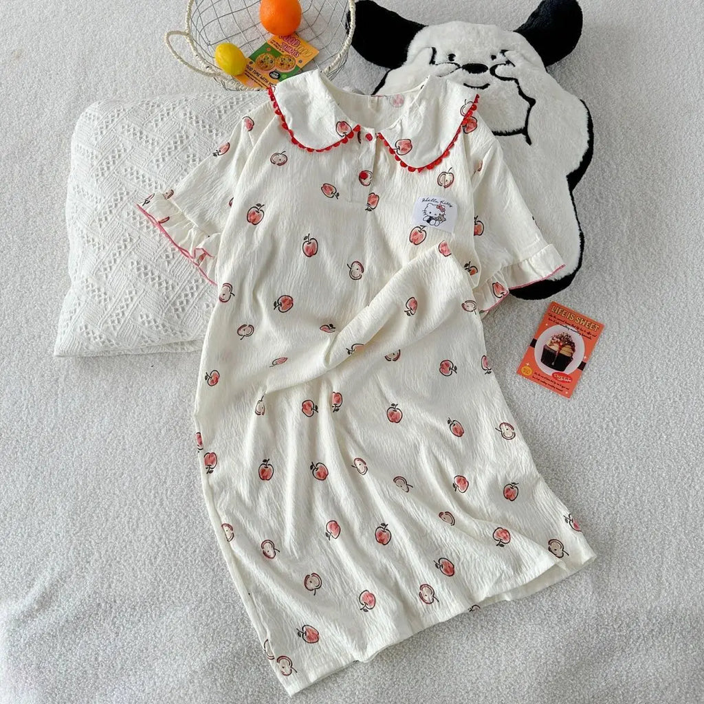 Sanrio Hello Kitty Cute Pajamas Dress Woman Night Skirt Summer Sleep Skirt Short Sleeve Nightie Long Dresses Sleepwear Home Wear