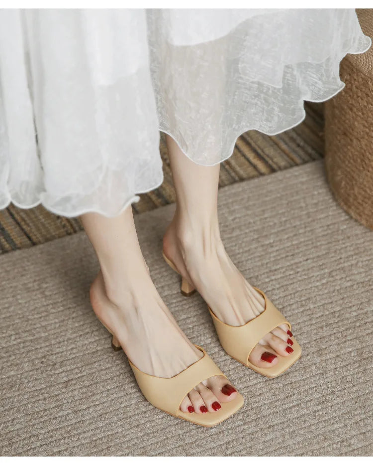 Genuine Leather French Slim Heel Slippers for Women's Summer New Fashionable Sandals Women Sweet Round Toe Slipper Ladies Shoes
