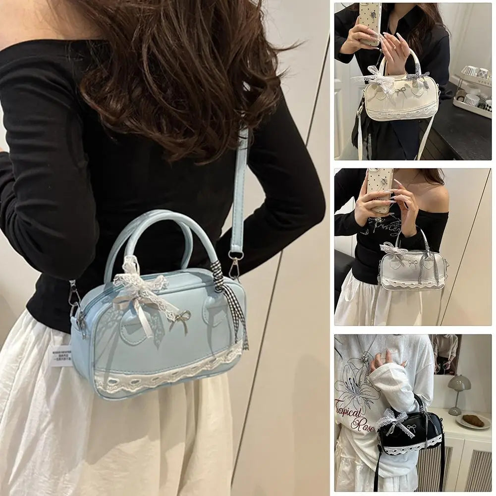 Simple Elegant Handbag Boston Shoulder bag Lace Ribbon Bow Decor Crossbody Bag Small Square Bag Casual Women Bags ﻿